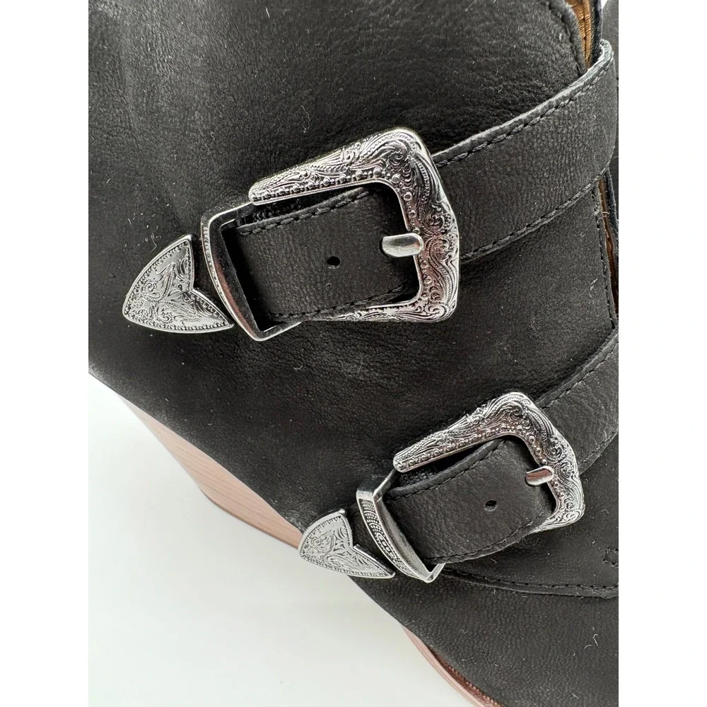 Franco Sarto Granton Ankle Boots Womens 8.5 Black Excellent Western Buckle Wedge